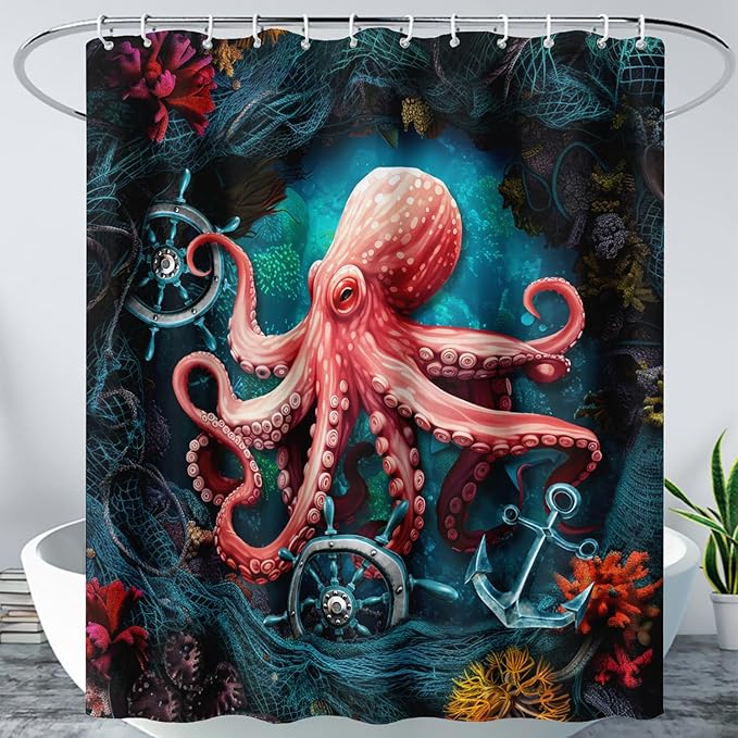 AILONEN Cartoon Red Octopus Shower Curtain for Bathroom,Octopus Tentacles Bath Curtain for Kids,Boys,Girls,Anchor Ocean Animal Theme Waterproof Fabric Shower Curtain Set with Hooks,48" W*72" H