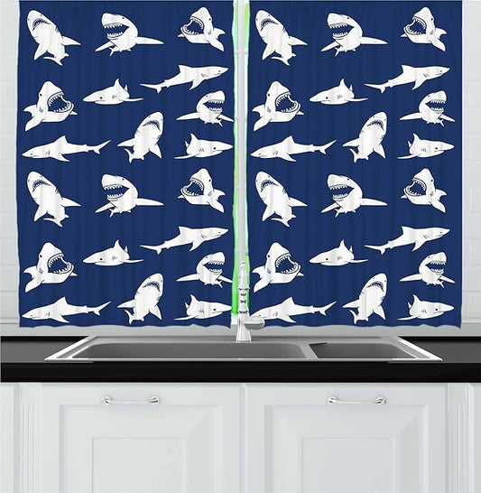 Ambesonne Shark Kitchen Curtains, Shark Pattern with Various Gestures Have a Bite Danger Humor Nautical Design, Window Drapes 2 Panel Set for Kitchen Cafe Decor, 55" x 36", Blue Violet