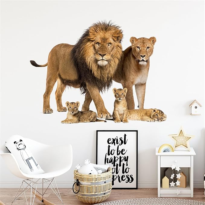 Lion Wall Decals, Vinyl Removable 3D Stickers for Bedroom Nursery Decor - Peel and Stick Cute Baby Girl Boy Toddler Kids Room Art Decoration, Woodland Forest Safari Jungle Mural Waterproof
