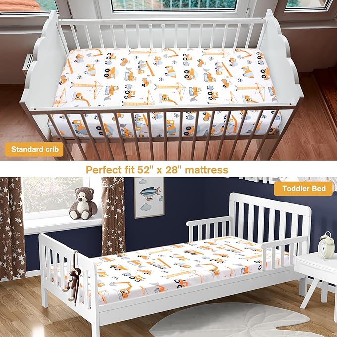 JISEN Baby Crib Sheets Soft Breathable Fitted Crib Sheets Baby Sheet for Standard Crib and Toddler Mattress Baby Bed Sheets for Crib for Baby Boys Girls Neutral 52x28 Inch Construction Trucks