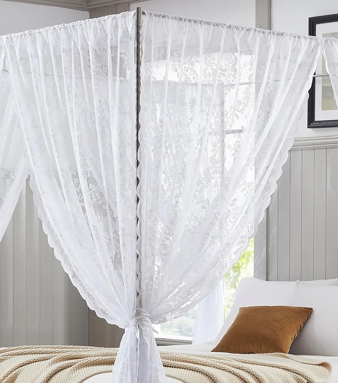 Warm Home Designs Lace Canopy Bed Curtains Set Consists of 8 48" x 78" White Canopy Curtains with Tie-Backs. Queen Canopy Bed Curtains or King Bed Canopy Curtains for Coquette Bedroom Decor. LC White