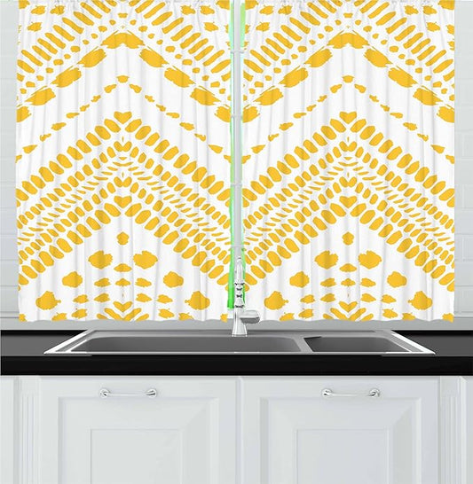 Ambesonne Yellow Chevron Kitchen Curtains, Hand Drawn Aztec Pattern Motif with Dashed Lines, Window Drapes 2 Panel Set for Kitchen Cafe Decor, 55" x 30", Mustard White
