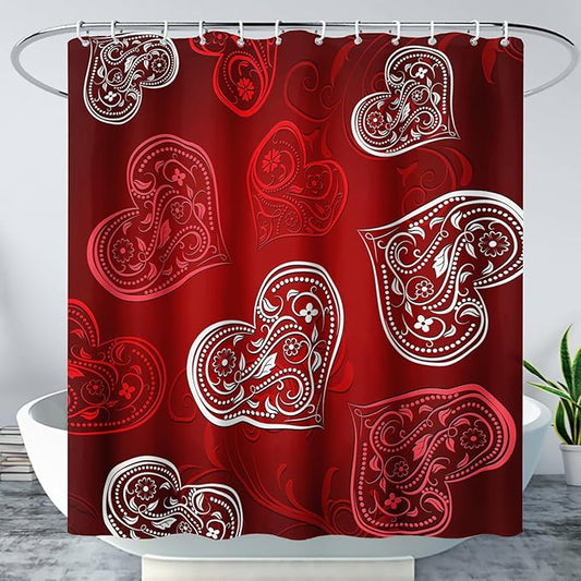 AILONEN Heart Love Shower Curtain for Bathroom, Red and White Floral Hearts Print Bath Curtain,Minimalism Hearts Decoration Shower Curtain Waterproof with 12 Plastic Hooks, 60" W*72" H