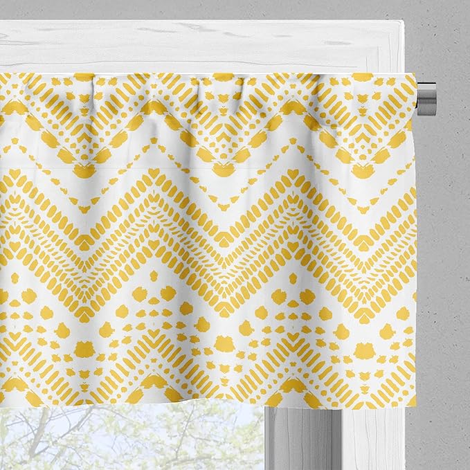 Ambesonne Yellow Chevron Valance & Tier Curtain 3 pcs Set, Hand Drawn Aztec Pattern Primitive Clan Motif with Dashed Lines Artwork, Window Treatments for Kitchen Room Decor, 55" x 45", Mustard White