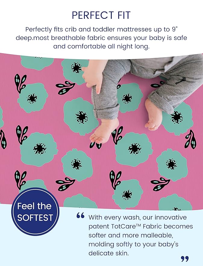 TotAha Premium Stretchy Crib Sheets (2-Pack)-Hypoallergenic, Silky Comfort, Buttery Soft, Calming Effect, All-Season Jersey-Knit Sheets, 9'' Extra Deep Pocket (Colorful Flora & Blue Flowers)