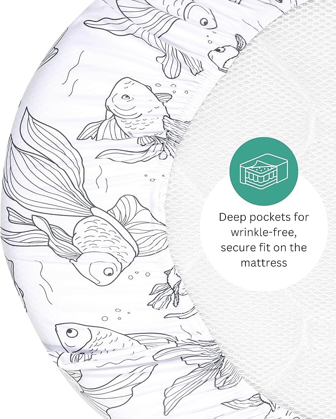 TansyPanda Bassinet Sheets for Baby Delight Snuggle Nest, Chicco LullaGo, Snoo Smart, Fisher Price, 4PC, 30 x 18 Inch, Ultra Soft, Breathable, Snug Fit, Unisex Boys Girls, Gray White (Ocean Fish)