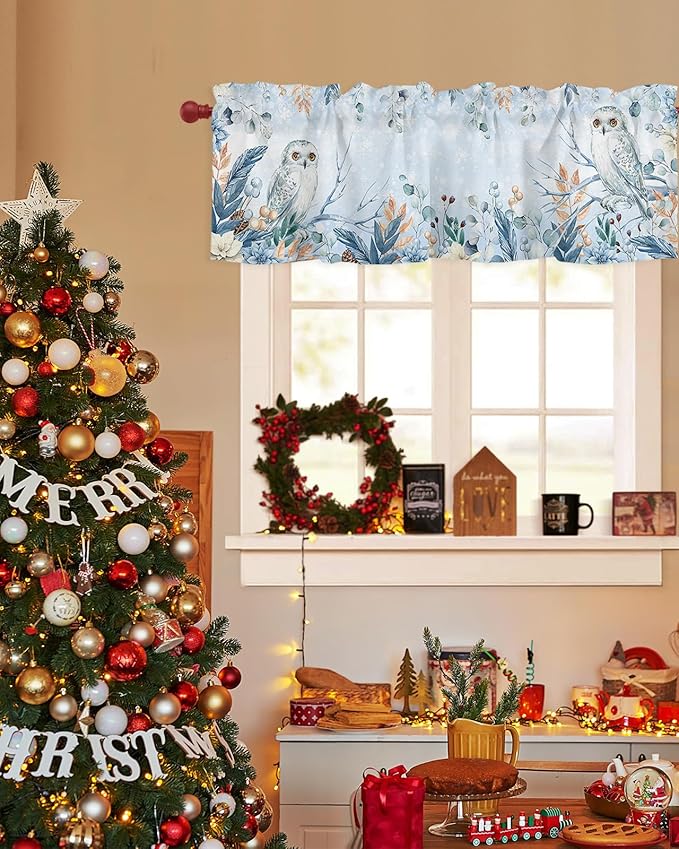 Blue Christmas Valance Curtains for Kitchen Windows Winter Snowy Owl Poinsettia Eucalyptus Leaves Rod Pocket Window Treatment Toppers for Kitchen/Living Room/Bedroom/Bathroom, 60" X 18",
