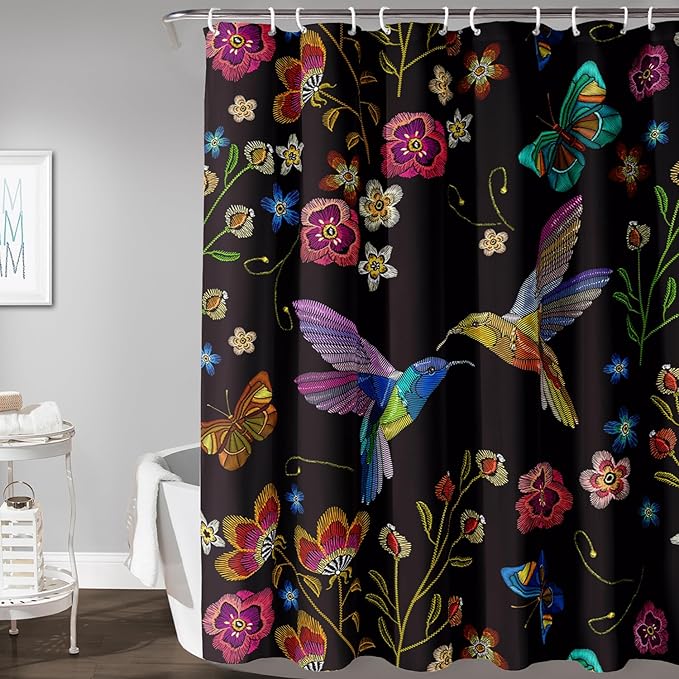 AILONEN Retro Hummingbird Shower Curtain,Wild Floral Flower Bathroom Decor with 12 Plastic Hooks,Bird Butterfly Vintage Black Curtains,Modern Bedroom Decor Gifts for Girls Teen Adult 48" W*72" H