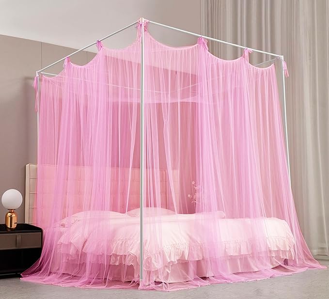 Mengersi Canopy Bed Curtains Bed Canopy with Lights for Girls, Bed Netting Unique Style 4 Door Mosquito Net for Adults Women Bedroom