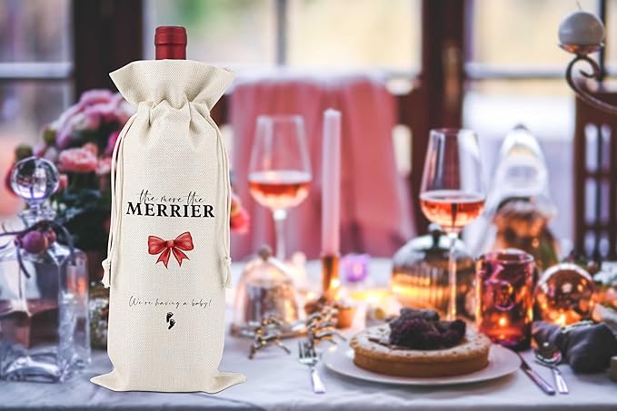 The More The Merrier Wine Bags Gifts,Gender Neutral Pregnancy Announcement Wine Bags,Baby Announcement,Baby Announcements Ideas,Pregnancy Announcement for Dad,Reusable Wine Bags With Drawstring,L31