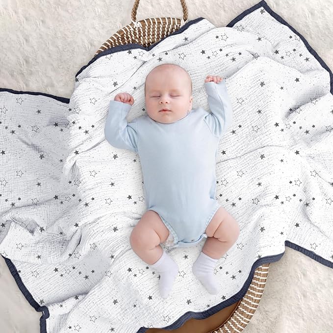 Lulu moon Muslin Quilt Blanket, Crib Blanket for Baby and Toddler,47x47 Inches(Blue Star)