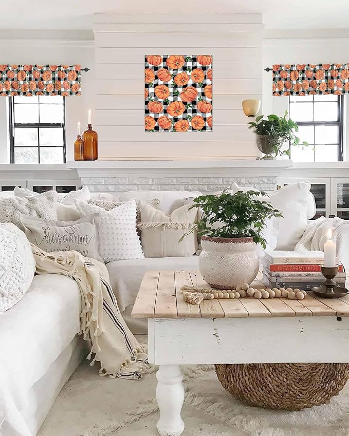 Fall Kitchen Curtains Valances for Windows Thanksgiving Halloween Pumpkins Rod Pocket Window Treatment for Kitchen /Living Room/Bedroom/ Bathroom,42" X 12", Farmhouse Black White Buffalo Plaid