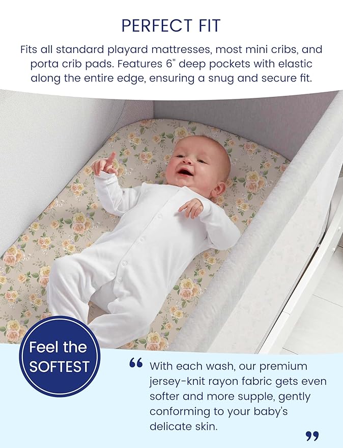 TotAha Premium Soft Pack n Play Sheets, Super Stretchy Jersey Knit Mini Crib Sheets Fitted, Silky Comfort Pack and Play Mattress Sheets, 2 Pack (Vintage Rose & Brunch)