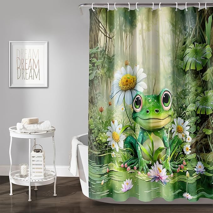 AILONEN Cartoon Frog Shower Curtain,Green Frog with Daisy Bath Curtain Set for Kids Boys Girls,Tropical Amphibian Waterproof Fabric Shower Curtain,Nature Shower Curtain for Bathroom,60" W*72" H