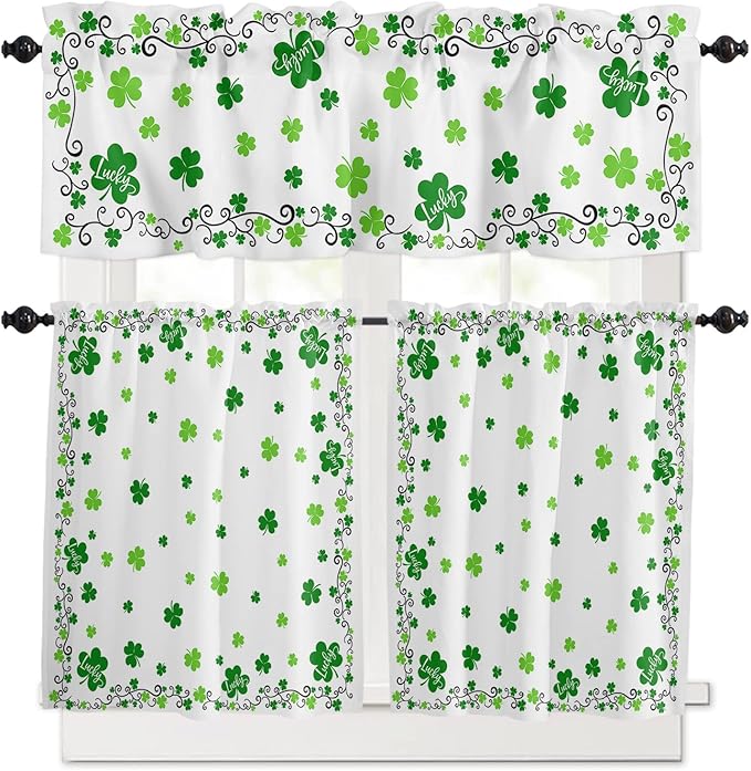 St. Patrick's Day Kitchen Curtains and Valances Set, Green Shamrock Irish Clover Window Tiers Seasonal Spring Holiday Half/Short Curtains for Small Windows Cafe /Living Room/ Bedroom 54x 36 in