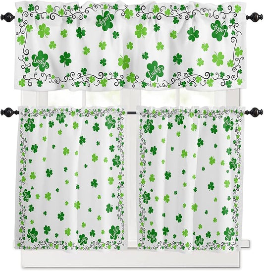 St. Patrick's Day Kitchen Curtains and Valances Set, Green Shamrock Irish Clover Window Tiers Seasonal Spring Holiday Half/Short Curtains for Small Windows Cafe /Living Room/ Bedroom 54x 36 in
