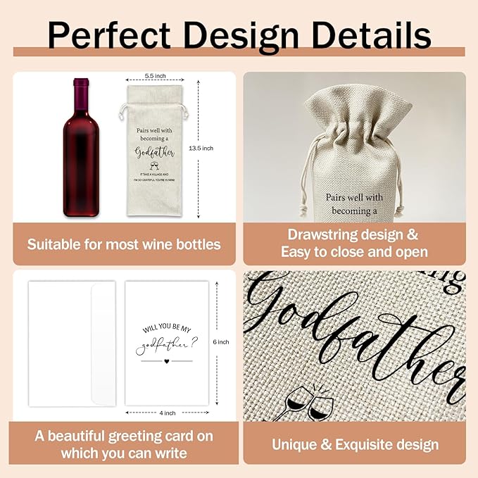 Godfather Proposal Wine Gift Bags & Card, Godfather Gifts Baptism Gifts for Godparents God Dad God Father 1pcs Reusable Burlap Wine Gift Bags for Wine Bottles, Party Favor Will You be My Godfather -19