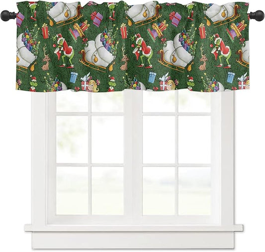 Merry Grin-chmas Christmas Window Valance for Kitchen Living Room, Retro Style Window Curtain for Bedroom, Christmas Grin-ch Window Valance Rod Pocket Window Treatment, Christmas Decors, 54" W x 18" L