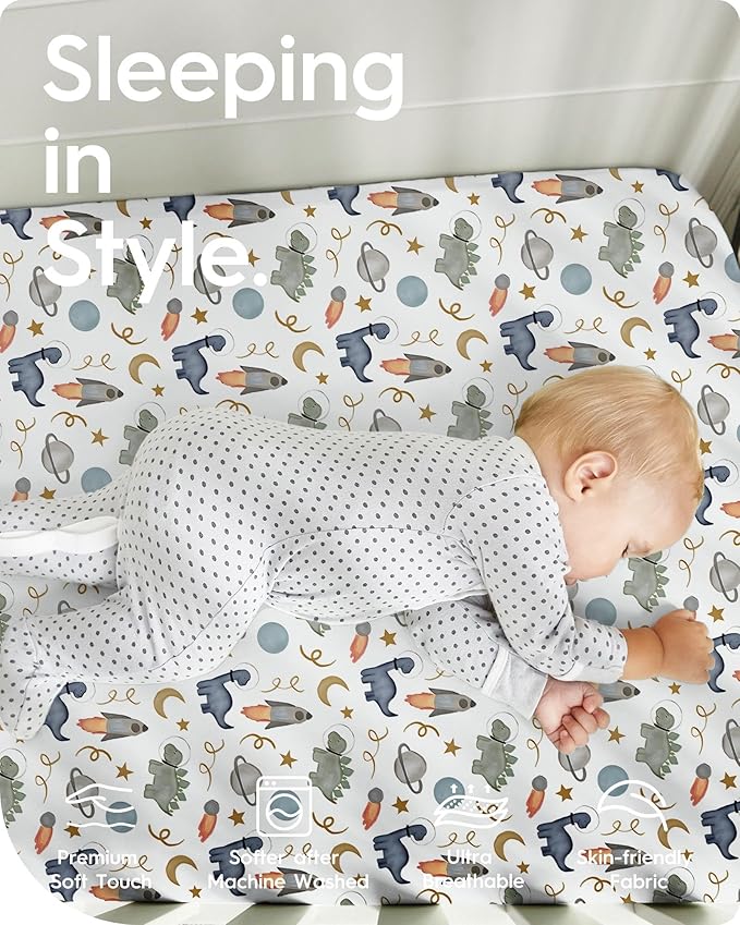 Graco Pack and Play Sheets Fitted, TotBasic Ultra Soft Mini Crib Sheets Boy, Neutral Pack N Play Mattress Sheets Hypoallergenic and Soothing, Premium Jersey Playrad Sheets, 2 Pack (Dino Space)