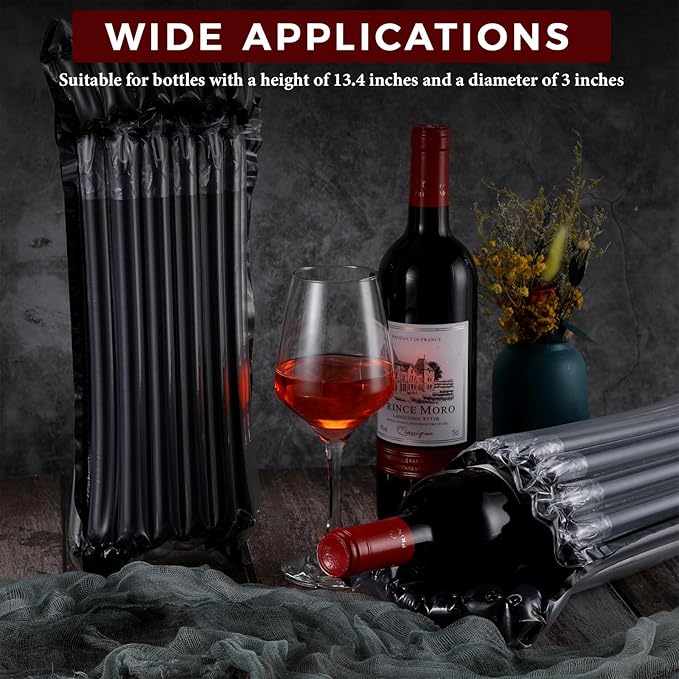 Frienda 50 Pcs Black Inflatable Wine Bottle Travel Protector Bags Reusable Air Column Wine Travel Inflatable Bag with Pump Wine Shipping Sleeves Wine Packing for Glass Bottles Airplane Transportation