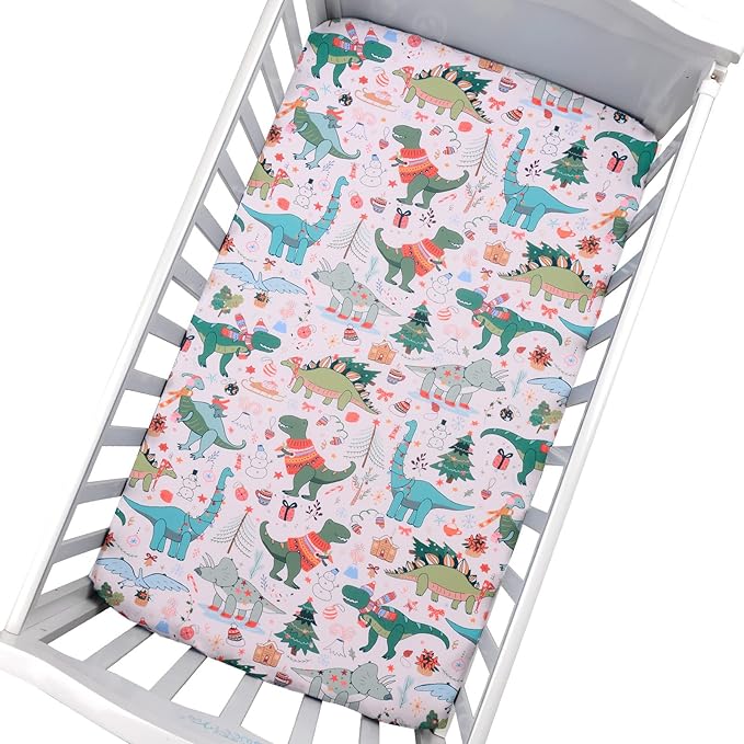 JISEN Christmas Crib Sheet Dinosaurs Fitted Crib Sheets 1 Piece Soft Baby Crib Sheets for Standard Crib and Toddler Mattress Pink Baby Bed Sheets for Crib for Baby Boys Girls Neutral 28x52 Inch