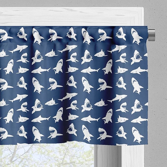 Ambesonne Shark Valance & Tier Curtain 3 pcs Set, Fish Pattern Various Gestures Have a Bite Danger Humor Nautical Design, Window Treatments for Kitchen Room Decor, 55" x 36", Blue Violet