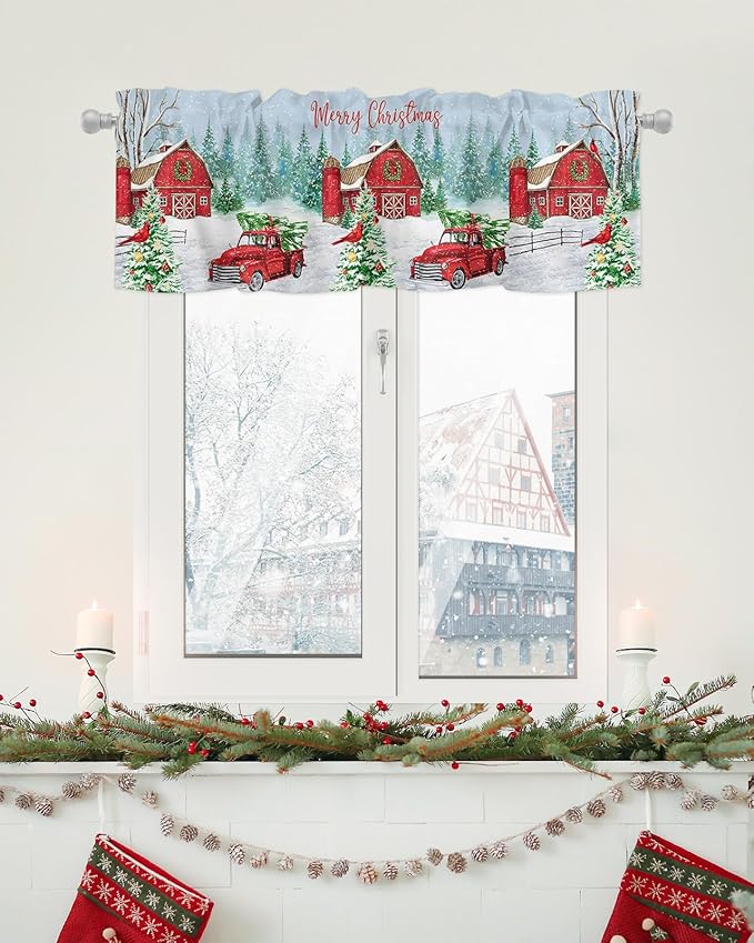 Red Truck Christmas Valance Curtains for Kitchen Windows Merry Christmas Farmhouse Rod Pocket Window Treatment Toppers for Kitchen/Living Room/Bedroom/Bathroom, 42" X 12", Winter Xmas Tree