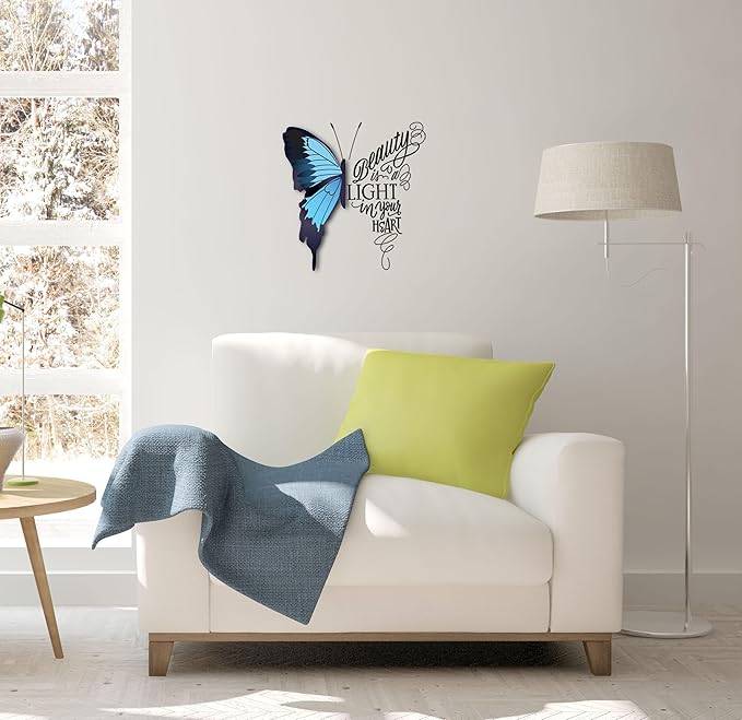 Laminate Wall Art Decals - 3D Look Peel and Stick Wall Decor for Living Room, Nursery, Bedroom, Kitchen, Office (18inx18in, Blue Butterfly)