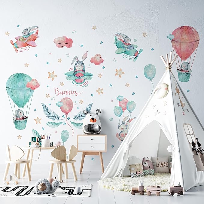 Bunny Wall Decals for Kids by Lipastick - 69 pcs Rabbits Wall Stickers Peel and Stick - Hot Air Balloon Wall Decals for Girls Boys Kids Baby Nursery Room Bedroom - Bunies Wall Decor Aircraft M Size