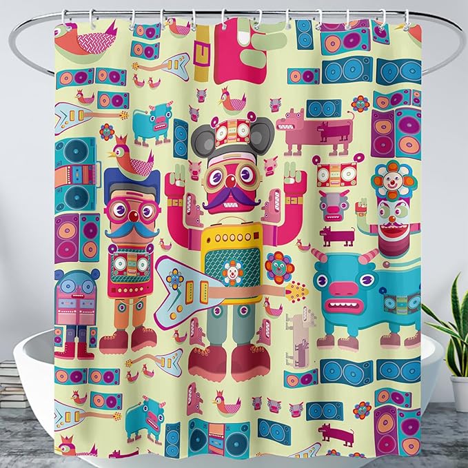 AILONEN Cartoon Robot Shower Curtain Sets,Beautiful Music Guitar Robots Theme Bathroom Decors, 72" W*72" H Cute Shower Curtain for Boys Girls Teens Kids