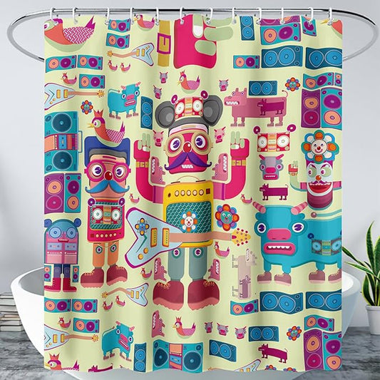AILONEN Cartoon Robot Shower Curtain Sets,Beautiful Music Guitar Robots Theme Bathroom Decors, 72" W*84" H Cute Shower Curtain for Boys Girls Teens Kids