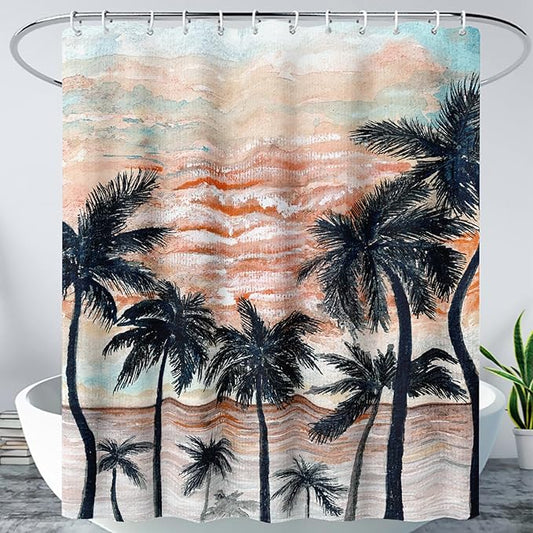 AILONEN Beach Shower Curtain,Retro Afterglow Bathroom Shower Curtain Sets for Girls Boys Teens Women, 48" W*72" H Sunset Coconut Tree Theme Bathroom Decors