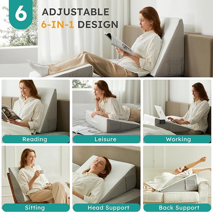 Wedge Pillow for Sleeping, 8 inch Bed Wedge Pillow, Elevated Body Pillow for Back Support, Acid Reflux, Leg, Neck Pain, Snoring, Triangle Pillow Wedge - Cooling Memory Foam Top, White/Grey