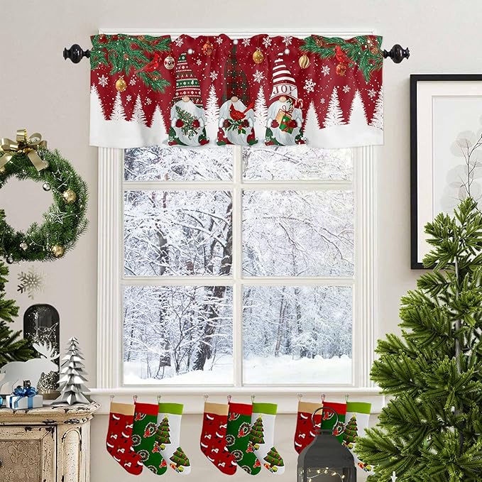 Christmas Gnomes Valance Kitchen Curtains for Windows, Red Winter Holidays Rod Pocket Valances Window Treatments White Snowflakes Xmas Trees Short Curtains For Bedroom/ Living Room, 54" X 18" -1 Panel