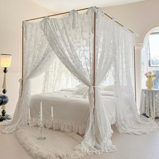 Mengersi Canopy Bed Curtains with Tie Backs,Bed Canopy Curtains Bed Drapes Sheer Curtains for Bedroom Decor（Full,White