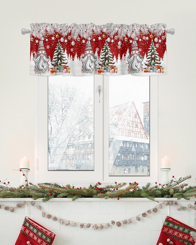 Christmas Gnome Valance Curtains for Kitchen Windows Winter Merry Christmas Tree Balls Rod Pocket Window Treatment Toppers for Kitchen/Living Room/Bedroom/Bathroom, 60" X 18", Red