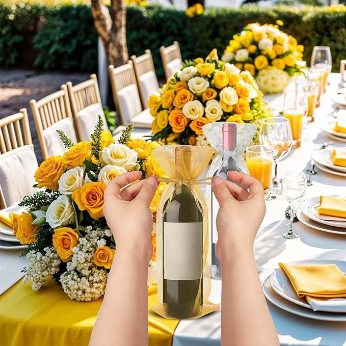 Megitzuu 20 Pieces Organza Wine Bags, 14.6 x 5.5 Inch Wine Gift Bag with Drawstring Sheer Mesh Wine Gift Pouches Bottle Covers for Halloween Christmas Wedding Party Favors (Gold+White)