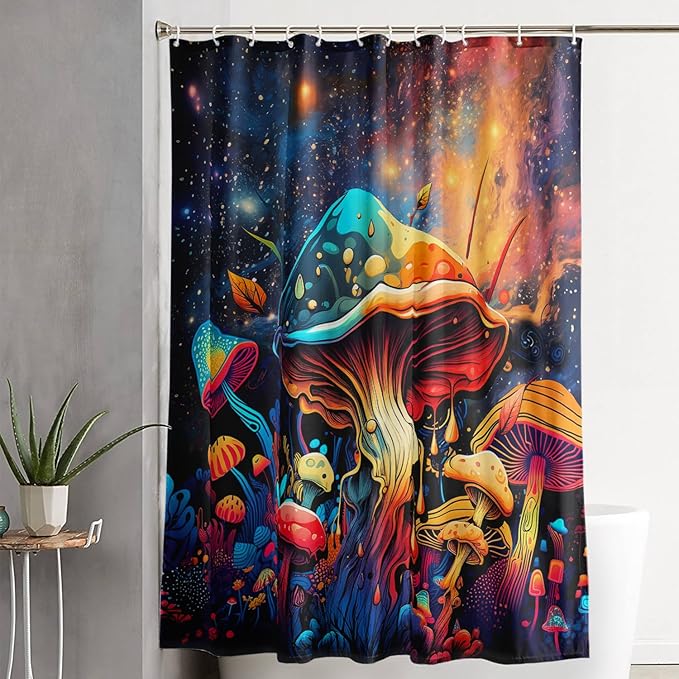 AILONEN Cartoon Magic Mushroom Shower Curtain,Funny Mushroom Waterproof Fabric Shower Curtain Set for Kids Girls,Boho Natural Plants Starry Night Shower Curtain with Hooks for Bathroom, 72" W*84" H