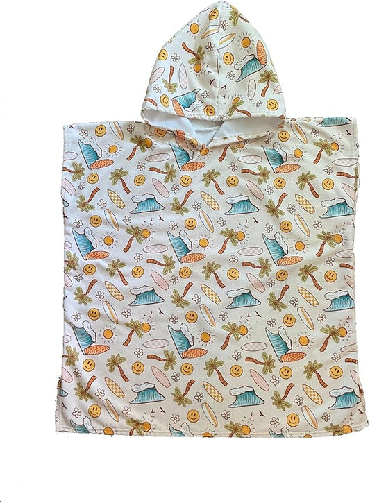 Kids Hooded Towel Poncho - Kids Beach Poncho - Kids Surf Poncho - Kids Pool Towel - Kids Beach Towel - Swim Coverup for Kids - Kids Beach Towel Poncho (Surfboard Smiley)