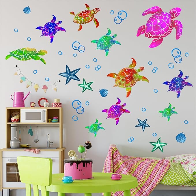 Waterproof Removable Watercolor Turtles Vinyl Wall Decal for Nursery Kidsroom School Classroom Livingroom Bedroom Bathroom Sea Life Sticker in Coastal Ocean Theme