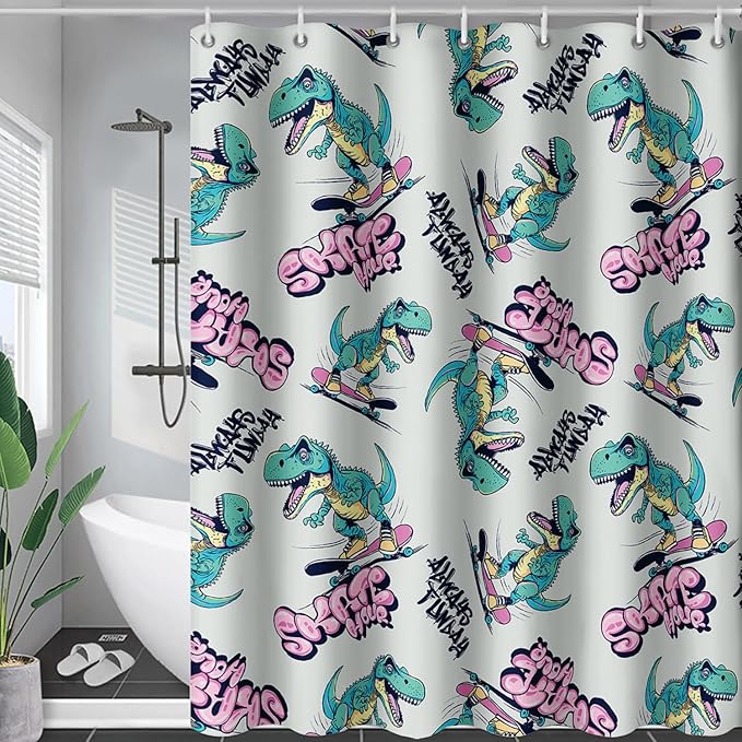 AILONEN Cute Dinosaur Kids Shower Curtain,Sport Cool Dinosaur Bath Curtain Gifts for Boys Teens,Skate Dinosaur Polyester Waterproof for Bathroom with 12 Plastic Hooks 72" W*78" H