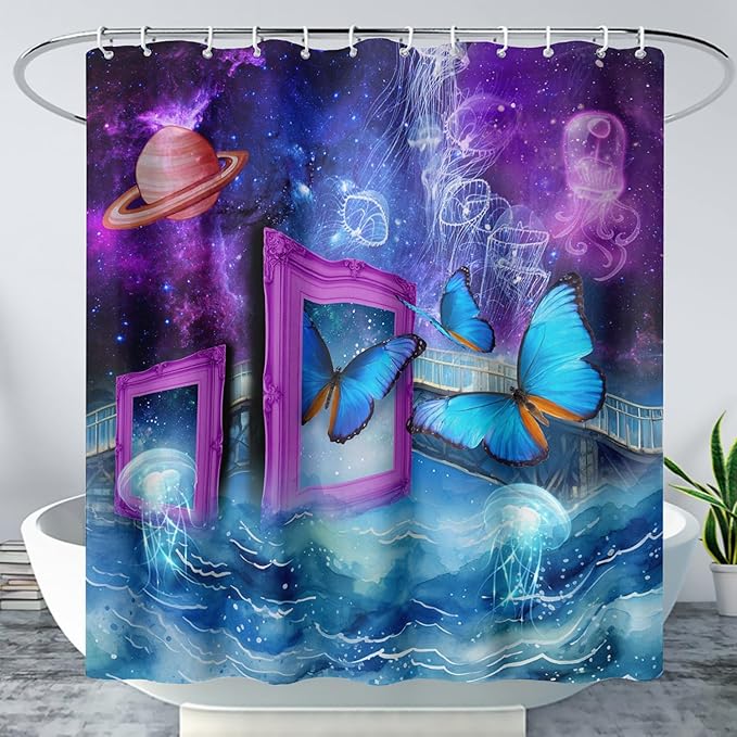AILONEN Blue Butterfly Shower Curtains,Purple Galaxy Bath Curtains for Bathroom for Girls,Blue Ocean Jellyfish Curtains,Polyester Waterproof with 12 Hooks 72" W*78" H