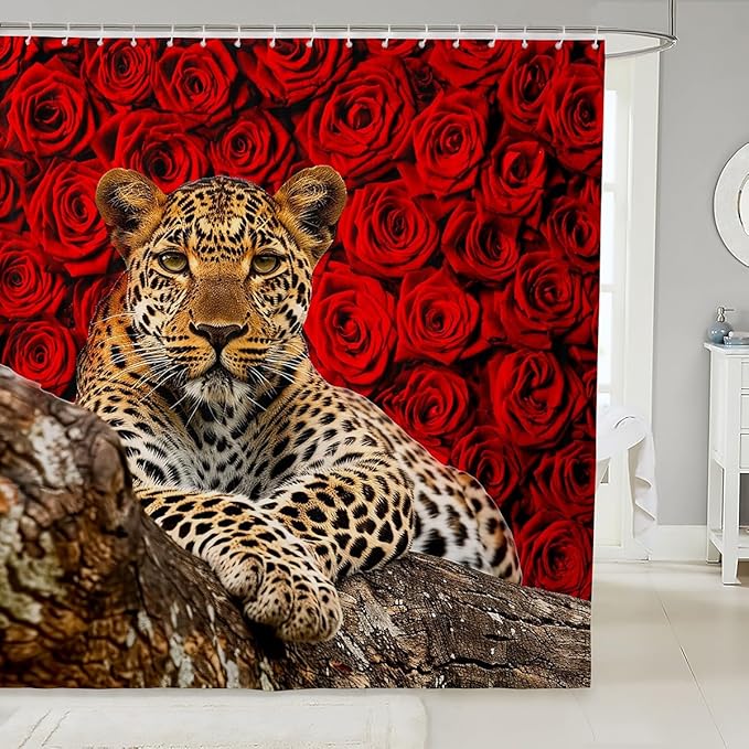 Feelyou Kids Leopard Bathroom Shower Curtain Set Leopard Shower Curtain Flower Leopard Bath Curtain for Kids Boys Girls Wild Leopard Kids Bathroom AccessoriesWild Animal 72"x78"