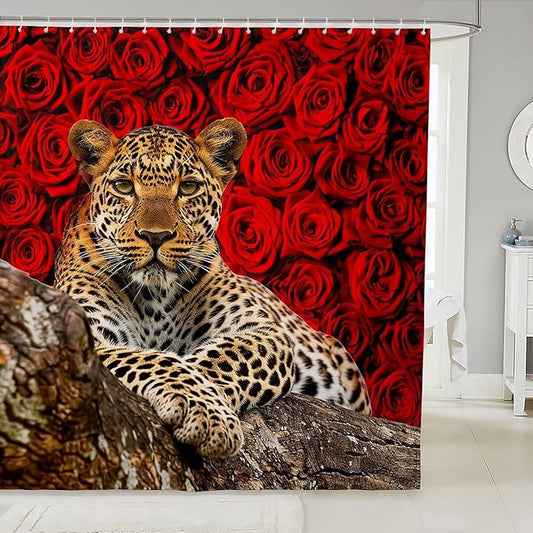 Feelyou Kids Leopard Bathroom Shower Curtain Set Leopard Shower Curtain Flower Leopard Bath Curtain for Kids Boys Girls Wild Leopard Kids Bathroom AccessoriesWild Animal 72"x78"