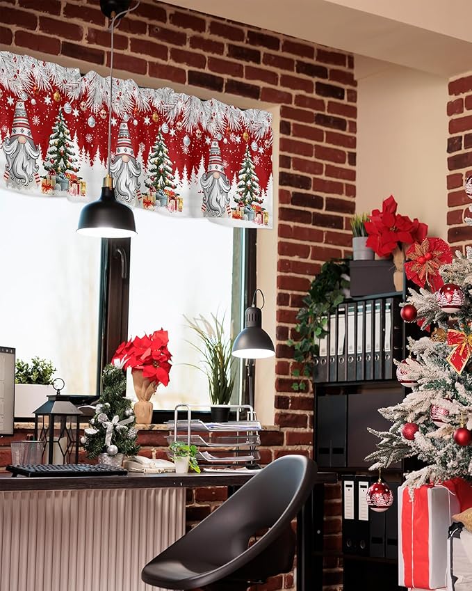 Christmas Gnome Valance Curtains for Kitchen Windows Winter Merry Christmas Tree Balls Rod Pocket Window Treatment Toppers for Kitchen/Living Room/Bedroom/Bathroom, 42" X 12", Red