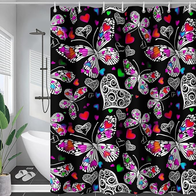 AILONEN Colorful Butterfly Shower Curtain for Bathroom Decor,Beautiful Butterfly Bath Curtain for Kids Women Girls,Pint Polyester Waterproof with 12 Plastic Hooks 72" W*96" H
