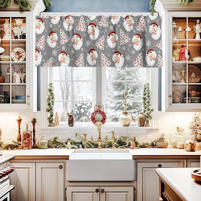 Grey Christmas Valance Curtains for Kitchen Windows Santa Claus Merry Christmas Tree Rod Pocket Window Treatment Toppers for Kitchen/Living Room/Bedroom/Bathroom, 42" X 18", Winter Snowflake
