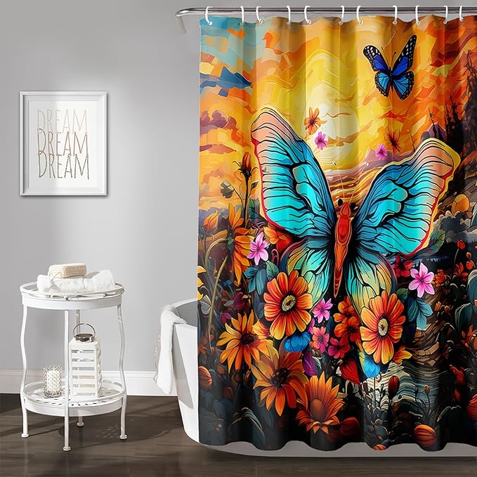 AILONEN Beautiful Butterfly Shower Curtain,Blue Butterfly with Sunflower Bath Curtain for Bathroom for Boys,Girls,Natural Plants Waterproof Fabric Shower Curtain Set with Hooks,48" W*72" H