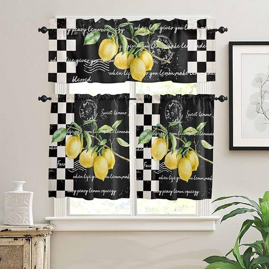Kitchen Curtains and Valances Set,Summer Tropical Lemon Window Treatments Tiers Buffalo Plaid Black White Semi Sheer Half/Short Curtains for Small Windows Cafe /Living Room/ Bedroom 54x24 in, 3-Piece