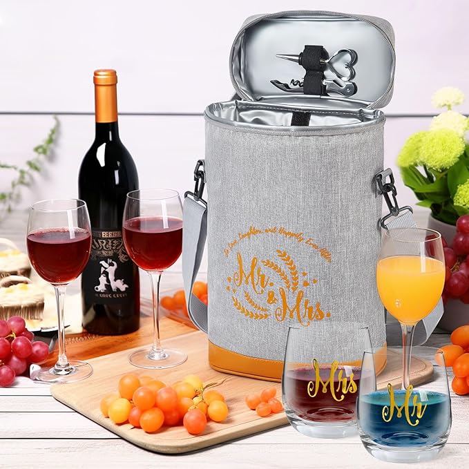 Cool Bridal Shower Gifts,Anniversary Wedding Gifts,Engagement Gifts for Couples 2024,Mr and Mrs Gifts - Insulated Wine Cooler Bag with Wine Glasses,Married Gifts for Newlyweds,Newly Engaged Couples